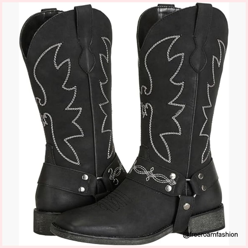 Square Toe Cowboy Boots Mid Calf Wide Calf Western Boots Women